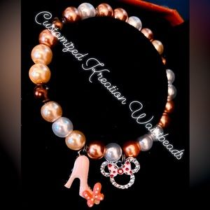 Minnie Mouse metallic tone custom charm bracelets pink pearls and brown